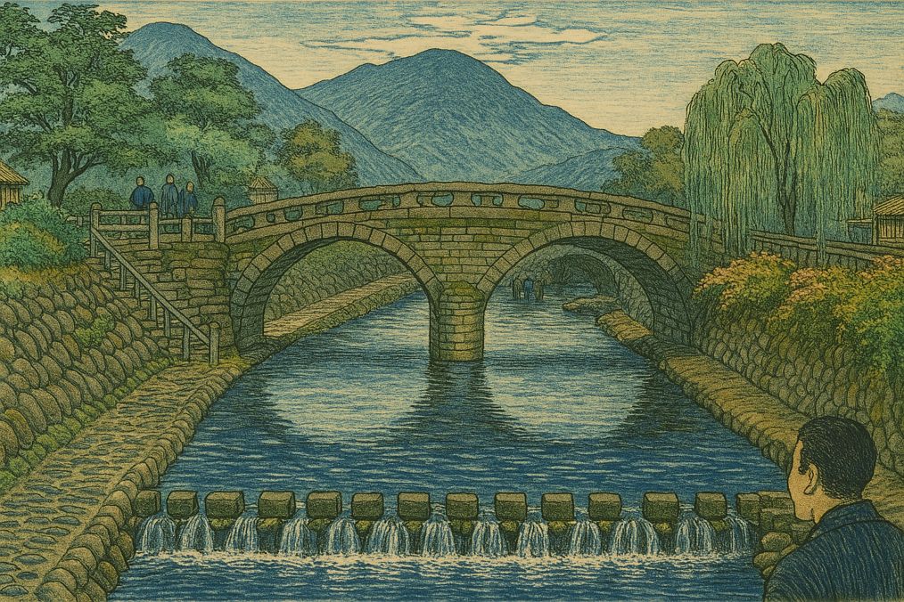 長崎市の眼鏡橋の江戸時代風の絵。