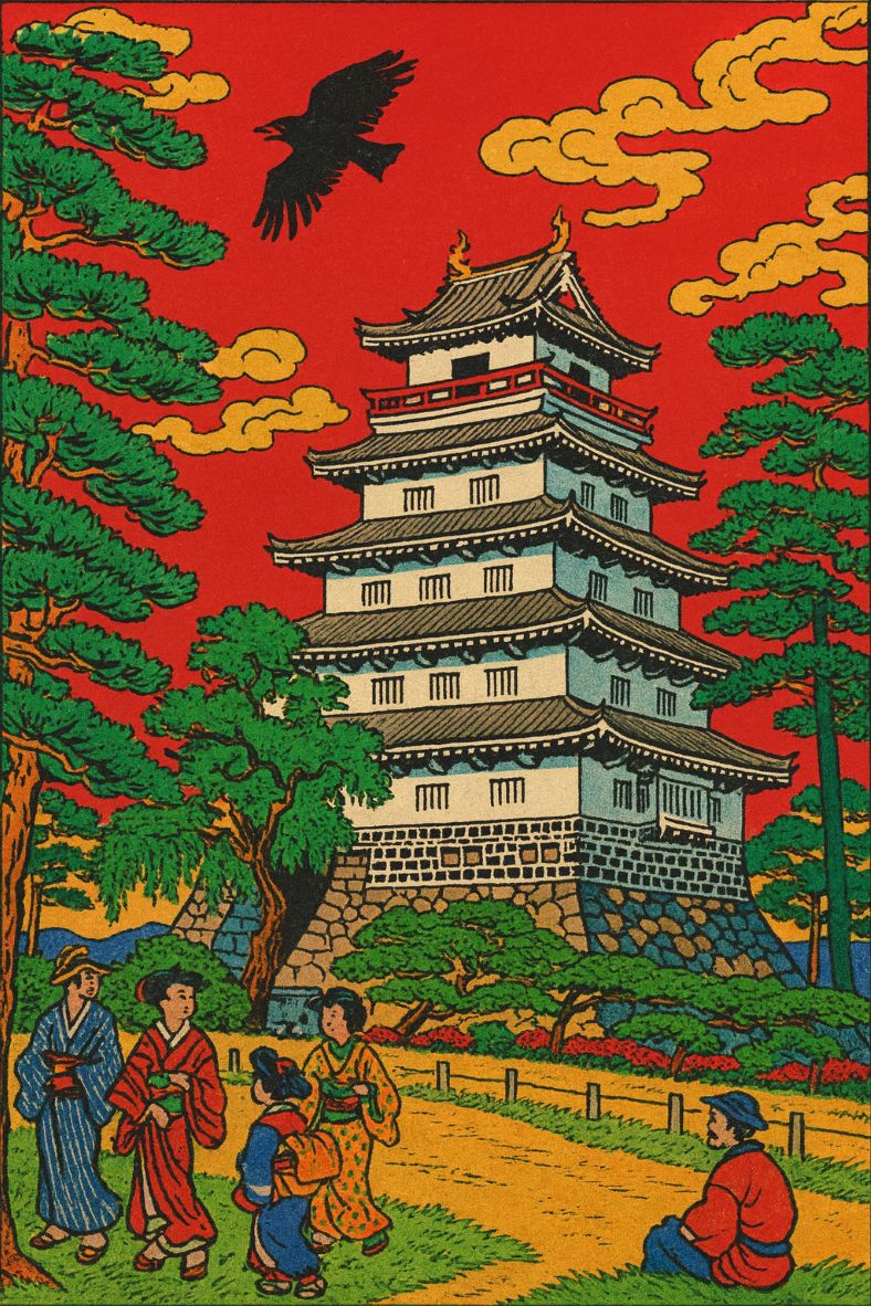 ChatGPTで浮世絵風にした島原城天守閣。