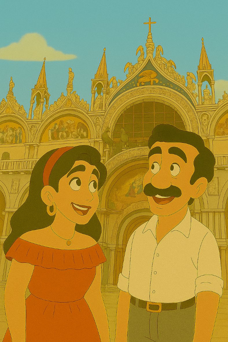 ヴェネツィアのサン・マルコ寺院を見上げて圧倒されるマルコとキアーラ。