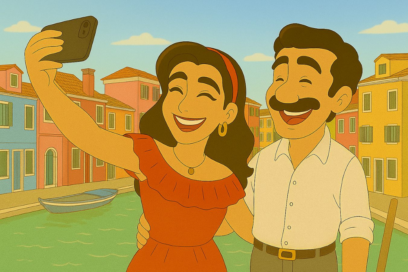 ヴェネツィアのブラーノ島のカラフルな建物とともに自撮りをするマルコとキアーラ。