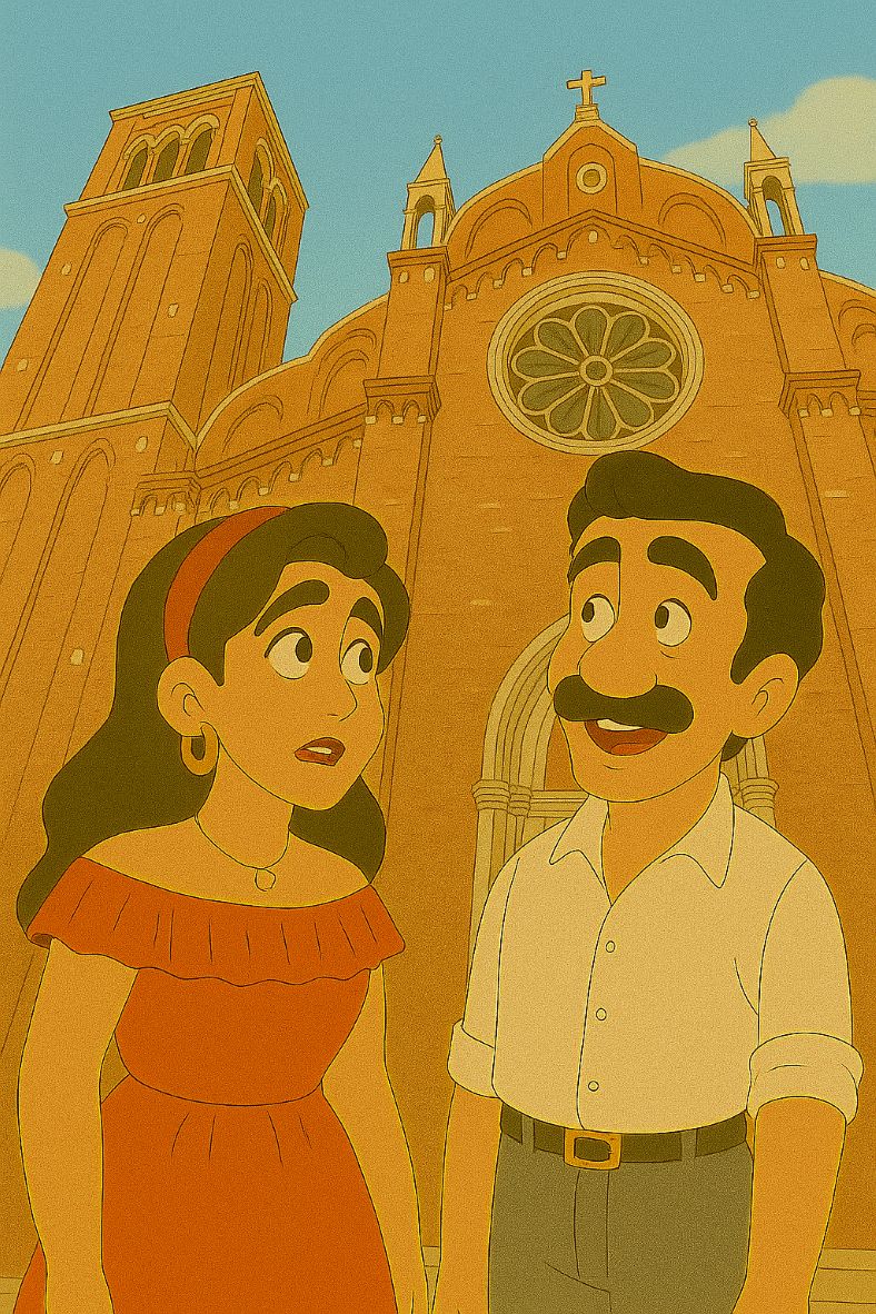 ヴェネツィアのサンタ・マリア・グロリオーザ・デイ・フラーリ聖堂を見上げて圧倒されるマルコとキアーラ。