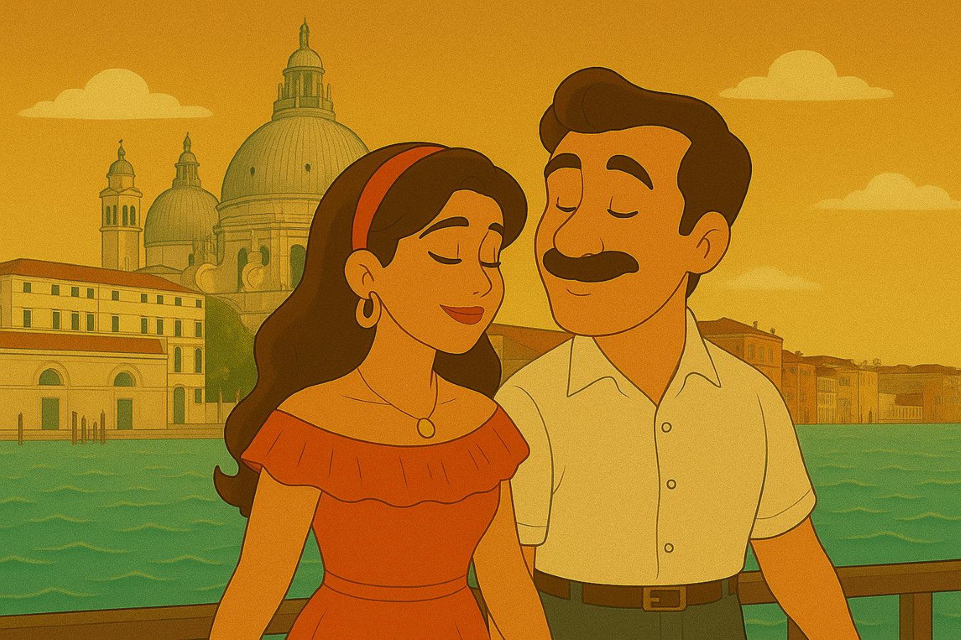 ヴェネツィアのサンタ・マリア・デッラ・サルーテ聖堂の前でうっとりするマルコとキアーラ。