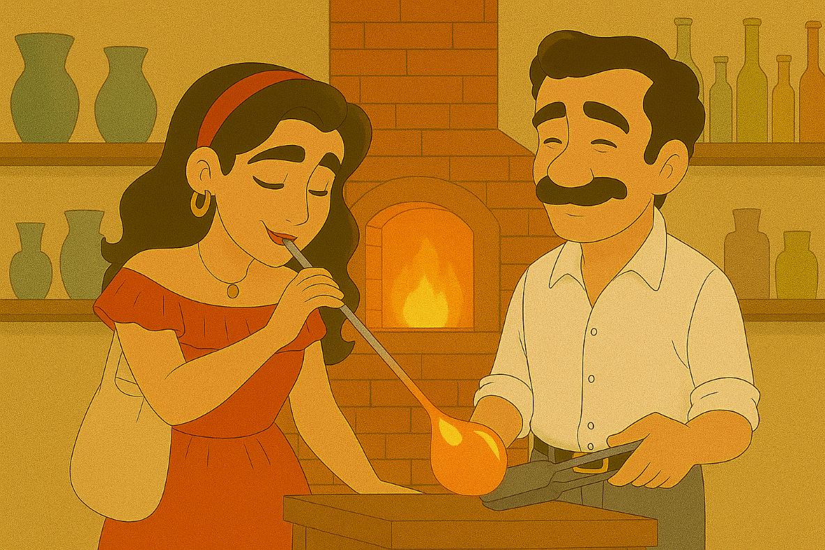 ヴェネツィアのムラーノ島でガラス工芸作りを体験するマルコとキアーラ。