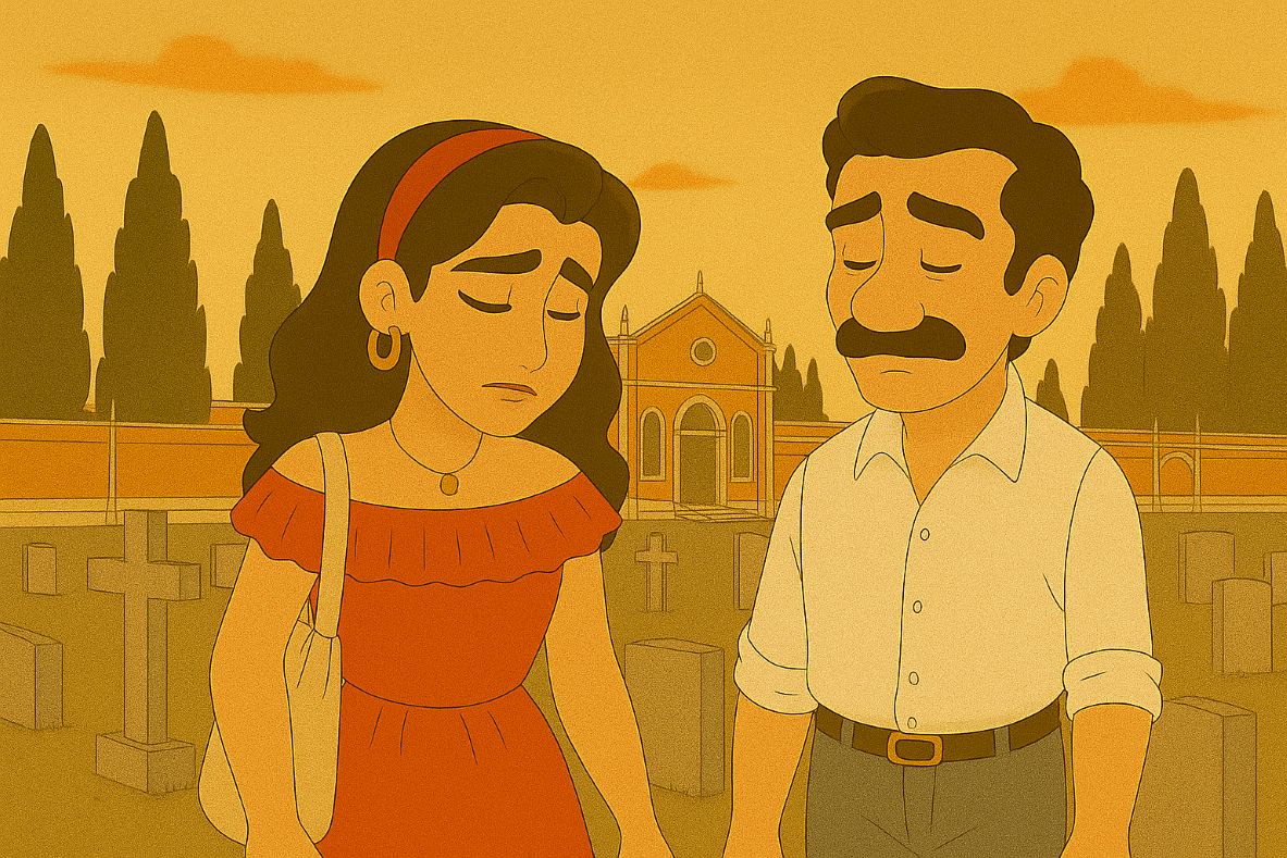 ヴェネツィアのサン・ミケーレ島で厳かな雰囲気のマルコとキアーラ。