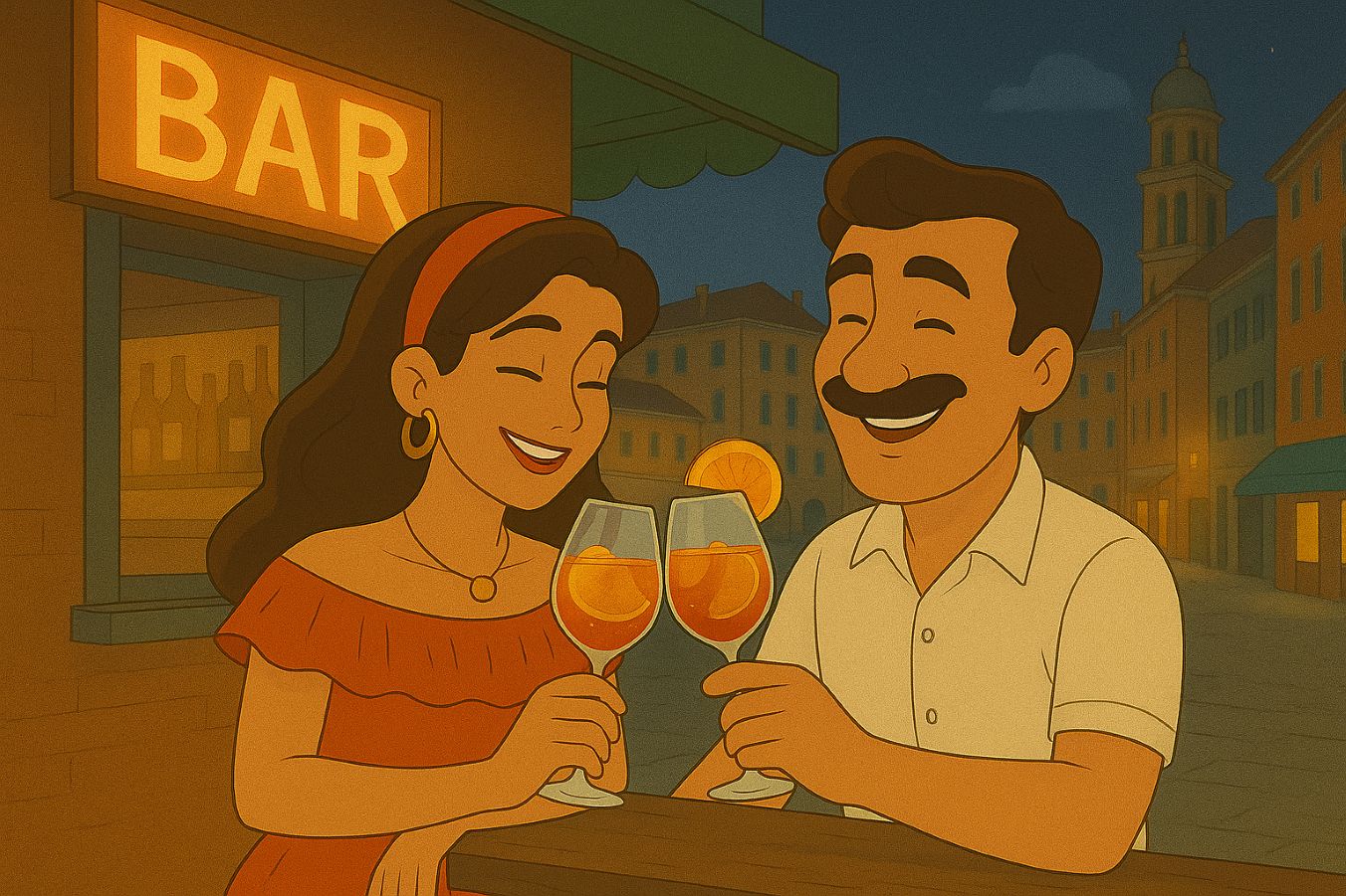 ヴェネツィアの名物カクテル、スプリッツで乾杯するマルコとキアーラ。