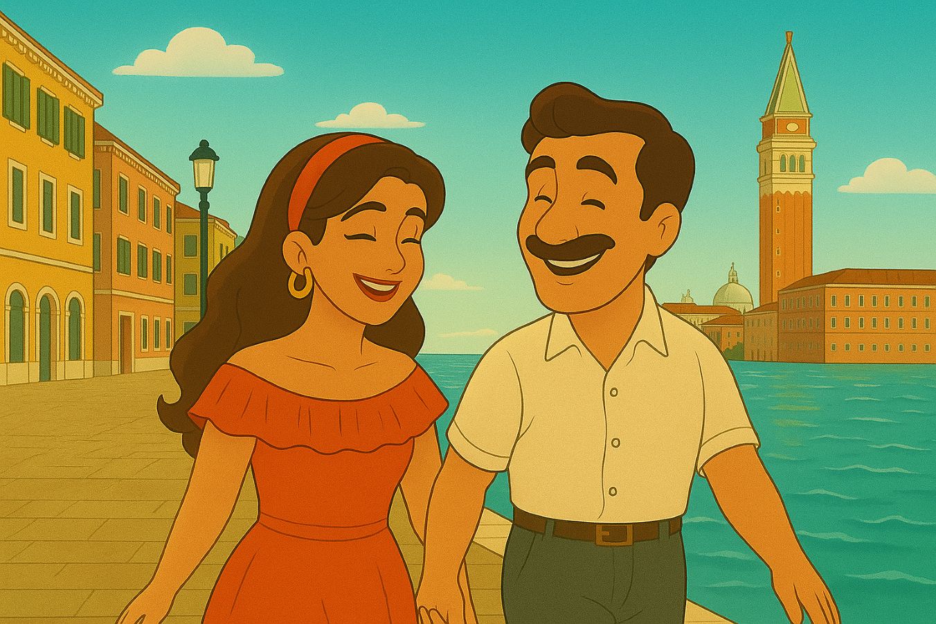 ヴェネツィアのザッテレ地区で散歩を楽しむマルコとキアーラ。